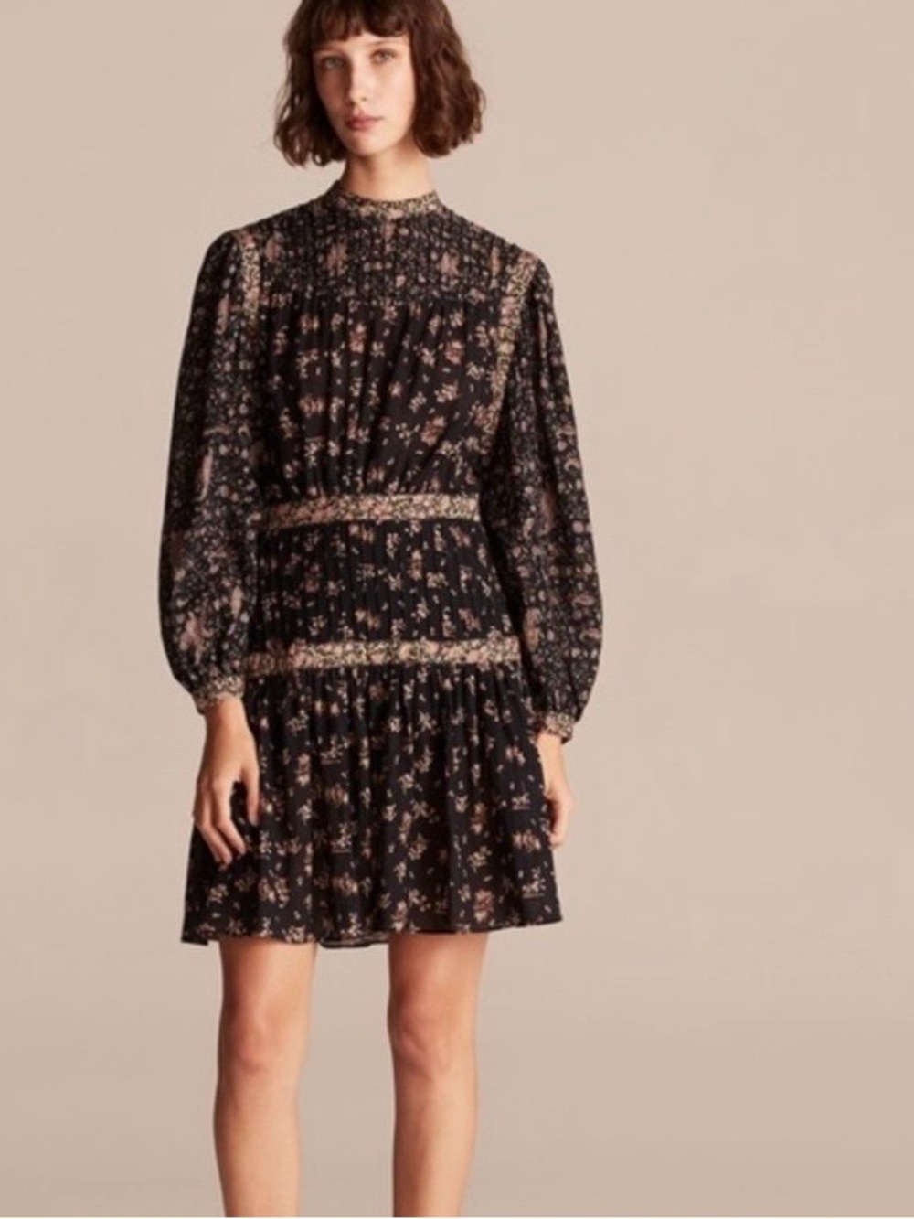 REBECCA TAYLOR LA VIE black floral mini dress tiered pleated size S